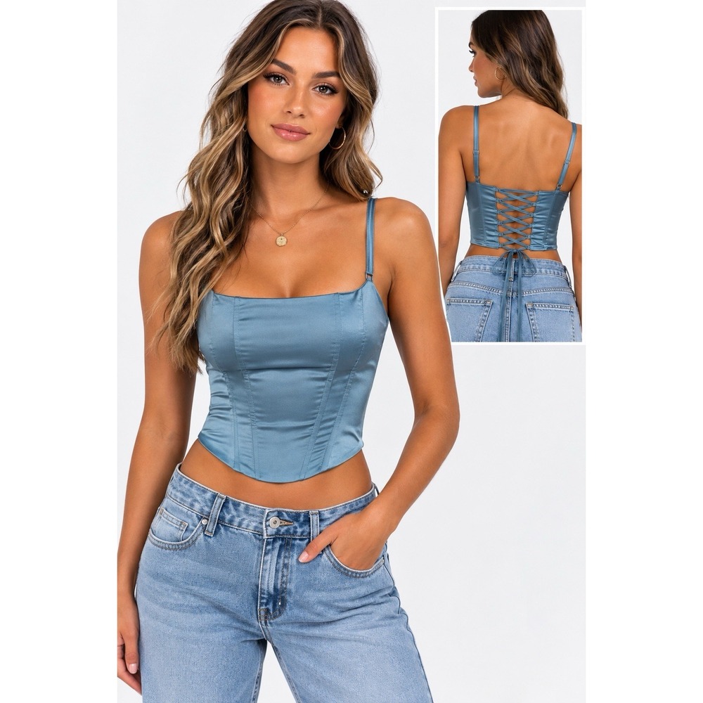 Princess Polly Zora Satin Corset Top Women's Size 2 Blue Lace Up Y2K NWT